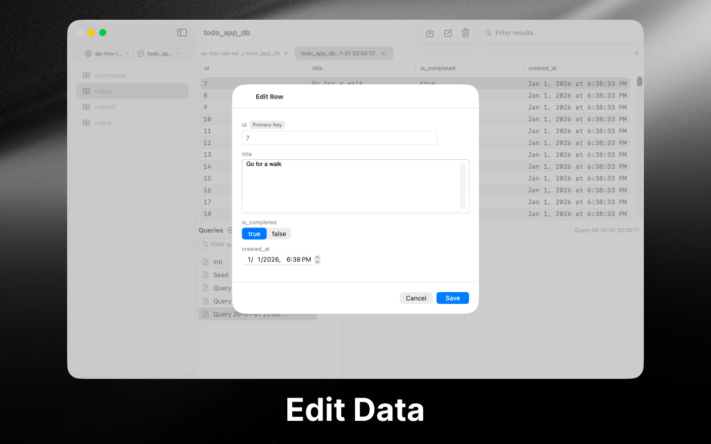 Inline row editing with editable fields